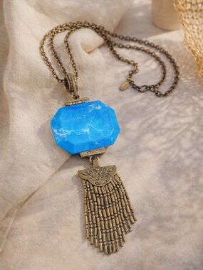 Chico’s Blue Stone Statement Necklace Boho Fringe Pendant 30”